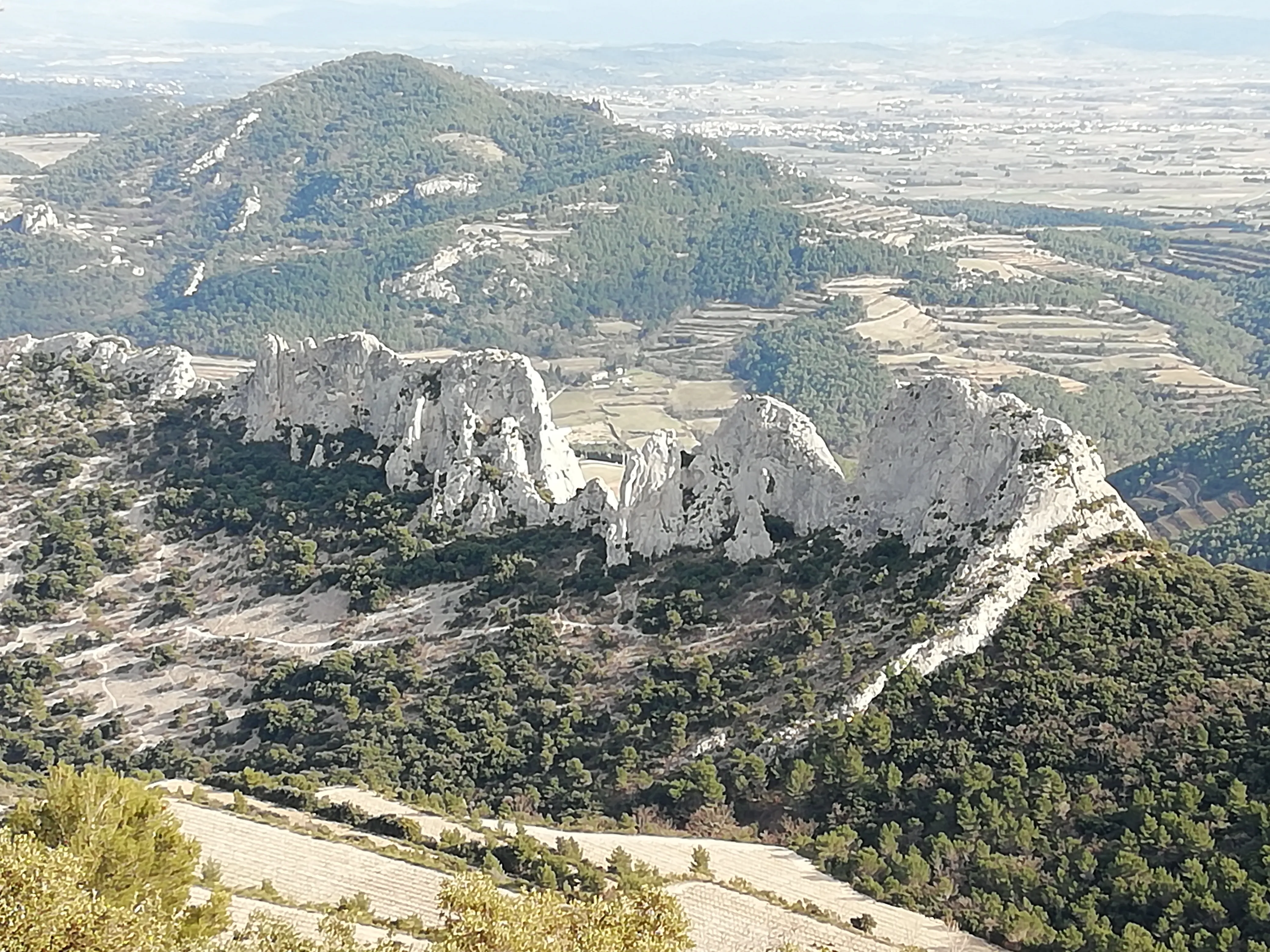 Vue en surplomb d'une crête calcaire, de collines boisées et de vignes en terrasses jusqu'à la plaine