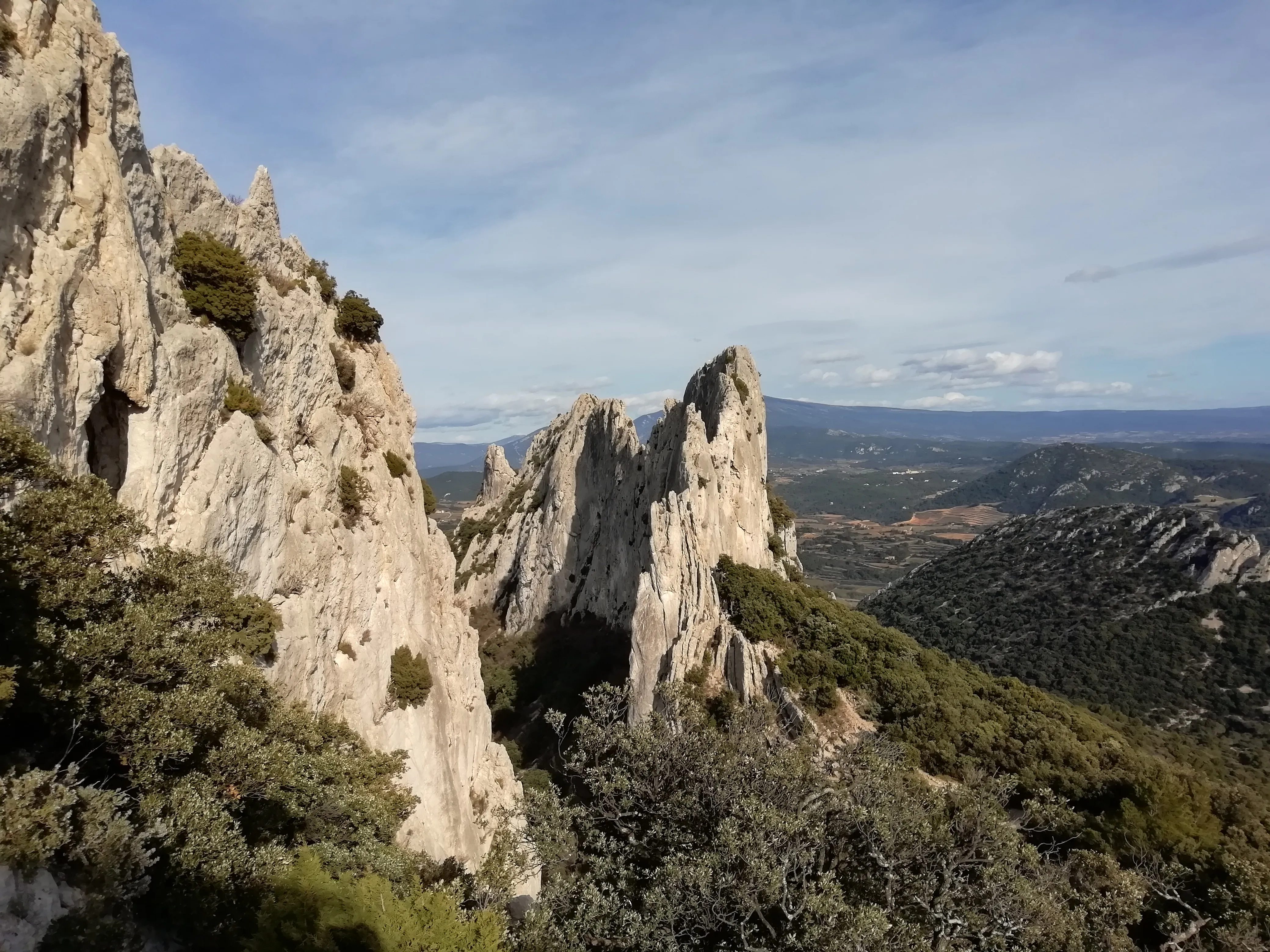 Des aiguilles de calcaire clair dressées au-dessus d'un versant boisé, une plaine cultivée en contrebas et un long massif au sommet aplati sur l'horizon